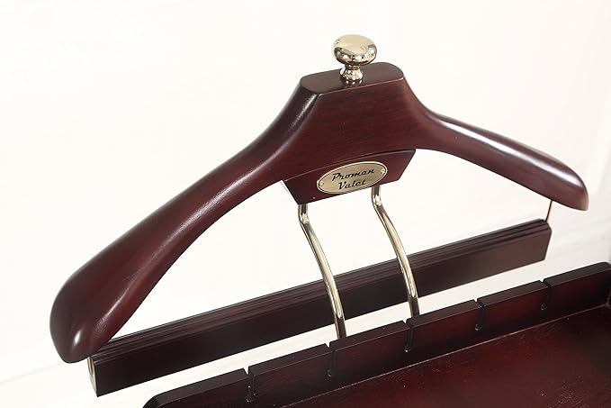 Proman Products Excalibur Wardrobe Wood Valet Stand with Power Extension, Large Storage Compartment, Contour Hanger, Trouser Bar, Tie & Belt Hooks and Shoe Rack - VL16200
