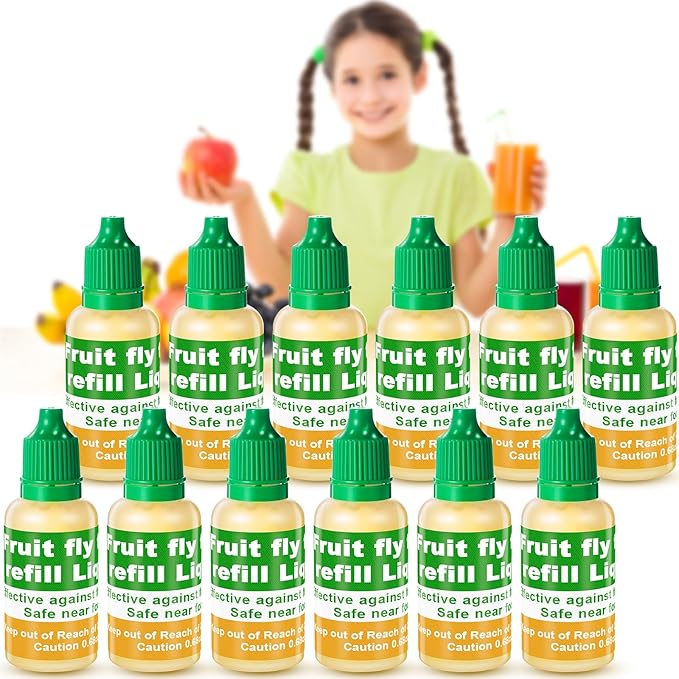 Qualirey 12 Pack Fruit Fly Trap Refill Liquid, 0.68oz Per Bottle Liquid Fruit Fly Traps for Indoors, Non Toxic Bait Safe Near Pets, Food and Kids, Lure Refill for Home Kitchen