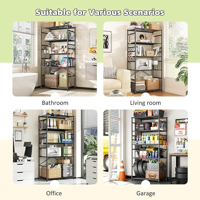 DurayLoly Storage Shelves 5 Tier Capacity,Metaling Shelving with Hooks,Heavy Duty Garage Shelves Unit with Leveling Feet,Wire Shelving for Pantry,Kitchen and Closet,23.6" W x 13.8" D x 72.4" H,500lbs
