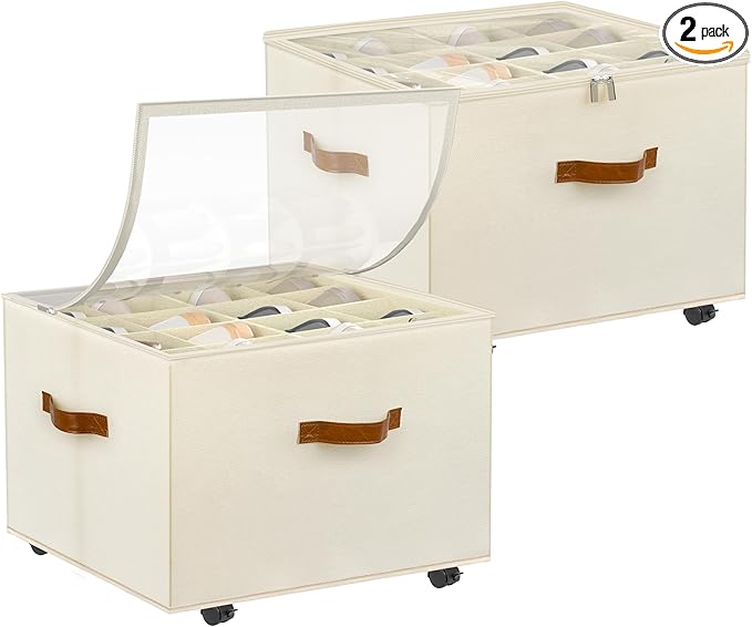 Shoe Organizer for Closet, 2 Pack Shoe Storage Organizer with Wheels and Adjustable Dividers, Stackable Shoe Storage Box with Clear Cover, Foldable Closet Shoe Organizer Fits up to 16-32 Pairs, Beige
