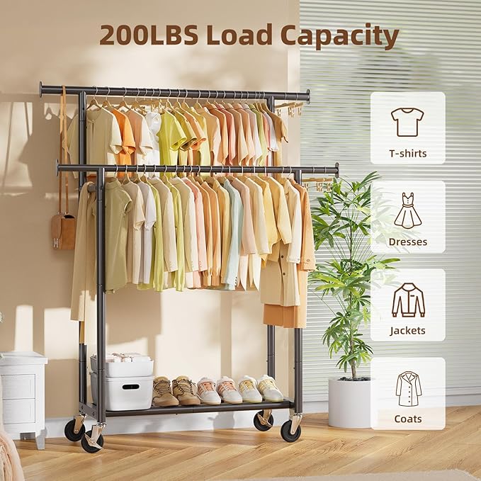 Simple Trending Clothes Rack, Double Rods Clothing Rack for Hanging Clothes, Metal Garment Rack with Rolling Wheels, Portable Wardrobe Closet Rack for Coat, Bedroom, Laundry, Black