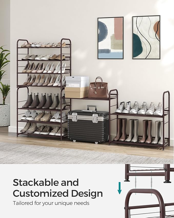 SONGMICS Stackable Shoe Rack, 4 Tier Metal Shoes Rack Storage Shelf, Holds up to 16 Pairs Shoes, Adjustable Slanted Shelves Tower Organizer for Closet Entryway Small Spaces, Bronze