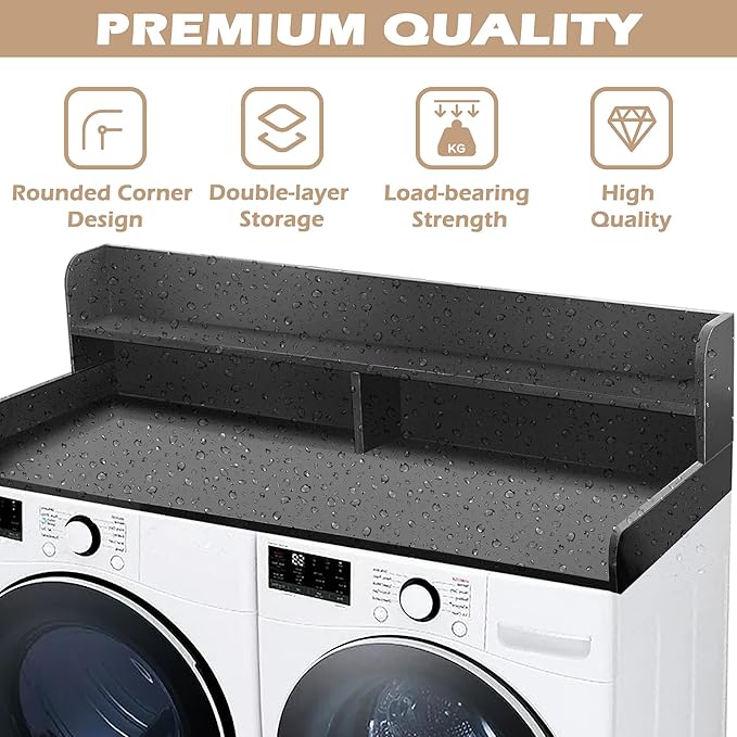 Royxen Laundry Countertop with 2-Tier Shelf Universal Fit, Washer and Dryer Countertop with Storage Space, Shelf Height 11.5 Inches, Solid Wood Core, Black