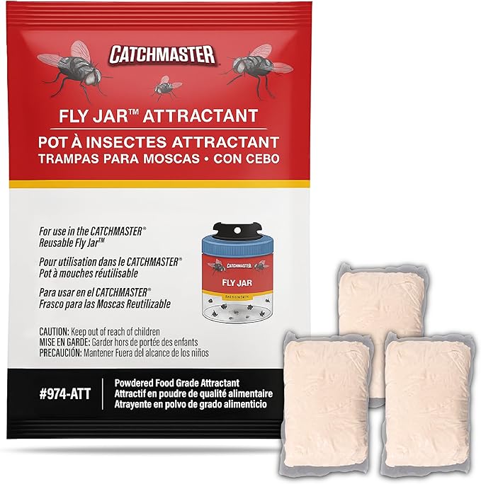 Catchmaster Reusable Fly Trap Outdoor Jar Refill 3-Pack Food-Based Lure, Bug Catcher and Flying Insect Trap Natural Attractant Refill for Pest Control, Bulk Fly Traps Attractant