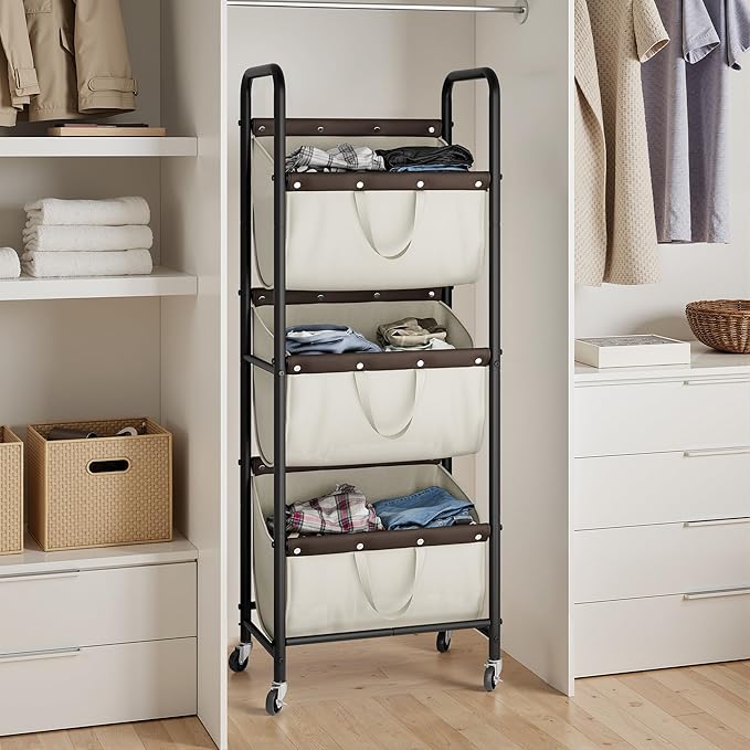GRANNY SAYS 3 Tier Laundry Sorter, Laundry Basket with Wheels, Laundry Room Organization and Storage, 3 Section Rolling Laundry Cart for Dorm, Bathroom, Bedroom, Closet, Beige