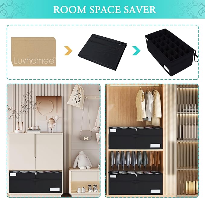 Luvhomee Shoe Storage Organizer, Fits 24 Pairs, Large Shoe Organizer Box for Closet, Clear Foldable Shoes Containers w/Bottom Support, Space Saving Shoe Cubby Storage Boxes w/Reinforced Handles, Black