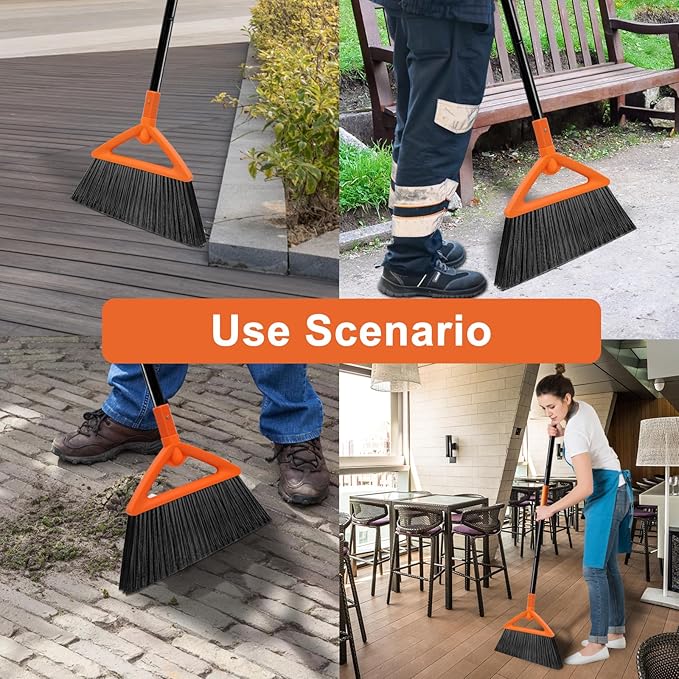 Heavy Duty Angle Broom 4 Pack - Orange Broom for Outdoor & Indoor, Garage, Driveway, Sidewalk, Kitchen & More, Long Handle