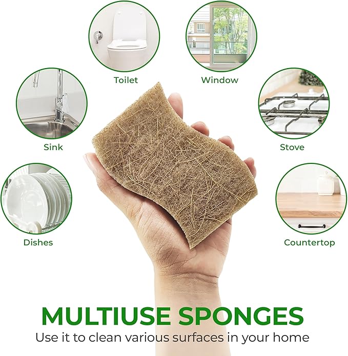 Natural Kitchen Sponges (12 Pack) - Biodegradable Cellulose & Coconut Scrubber Dish Sponges for Kitchen - Eco-Friendly, Non Scratch, Compostable, Non Toxic S-Shaped Natural Sponges for Dishes
