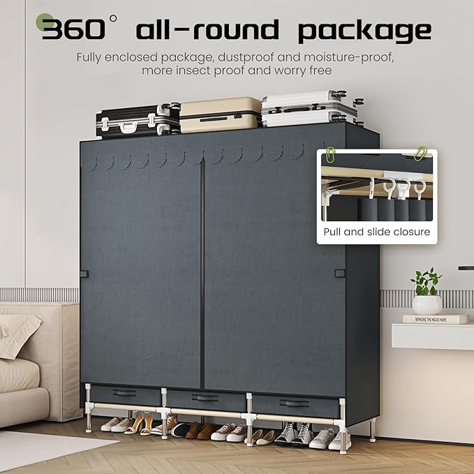 Portable Wardrobe, Freestanding Closet Hanging Organization, Metal Frame with Grey Fabric Cover, 3 Storage Compartments, 3 Hanging Rods, 3 Drawers.