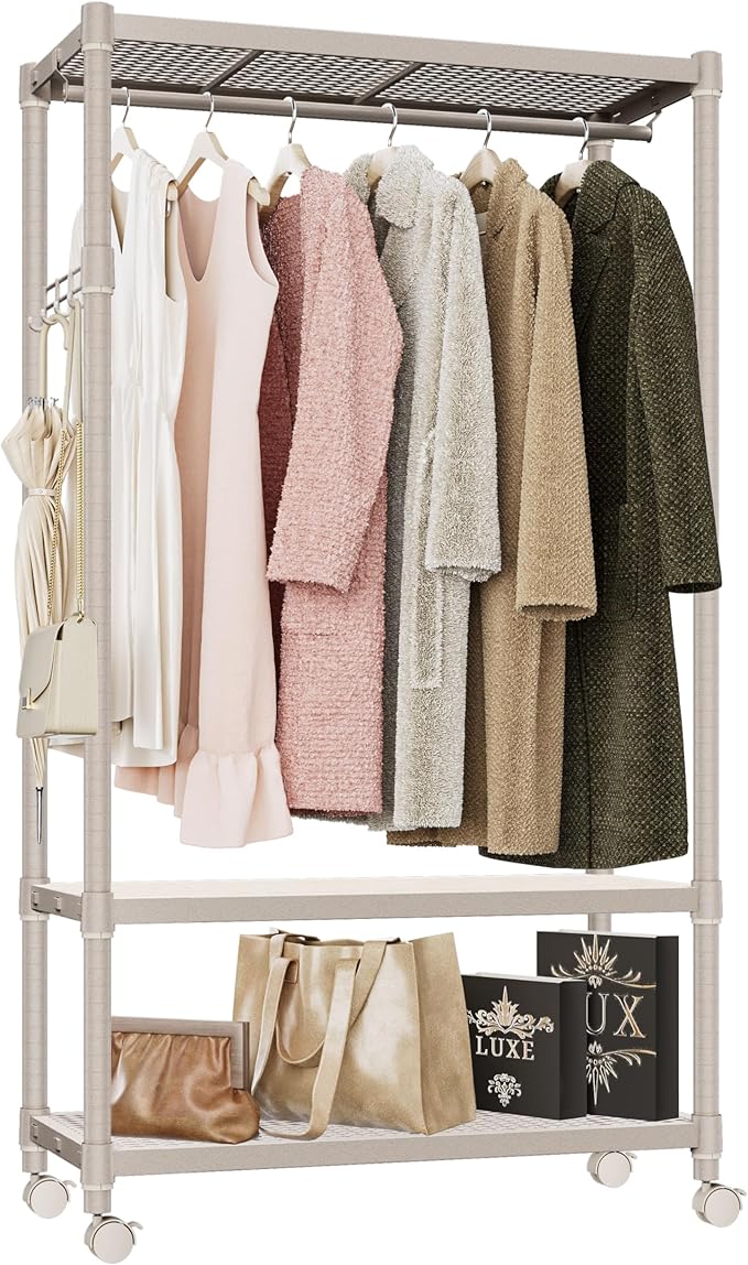 IZEUK Heavy Duty Rolling Garment Rack Wire Clothes Rack for Hanging Clothes (Gold, 3 Tier with 1 Rod, 17.7" D x 33.5" W x 70.3" H)