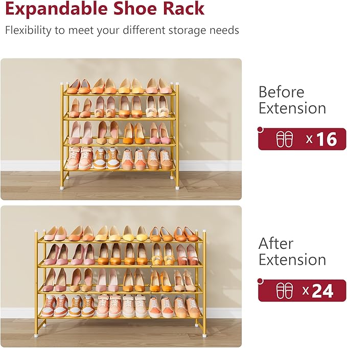 Tajsoon Expandable Shoe Rack for Closet 4 Tier, 29“-41“Adjustable & Stackable Shoe Shelf Storage, Metal Shoe Rack Organizer for Front Door Entrance, Closet, Garage, Entryway, Gold