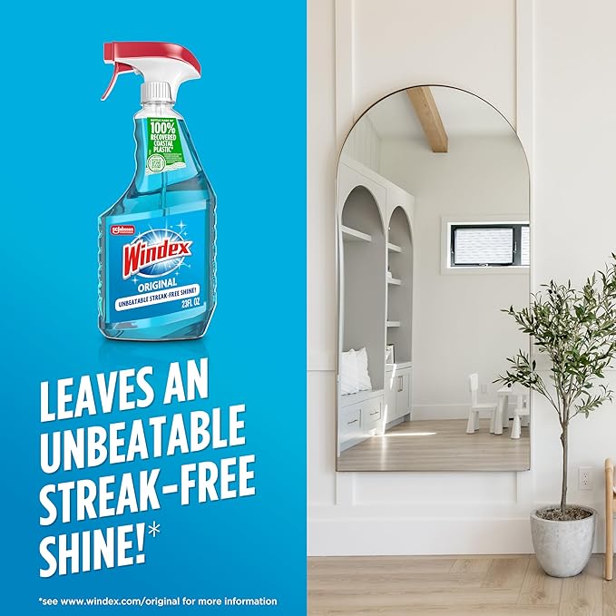 Windex Glass and Window Cleaner Spray Bottle, Bottle Made from 100% Recycled Plastic, Surface Cleaning Spray, Original Blue Scent, 23 Fl Oz (Pack of 6)