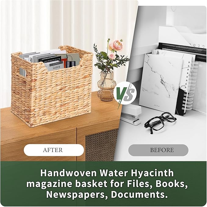 Magazines Holders, Handwoven Magazine Basket for Bathroom, Water Hyacinth Wicker Magazine Rack for Books, Files, Newspapers, Rectangular, 14.2 x 11.4 x 6.7 inch