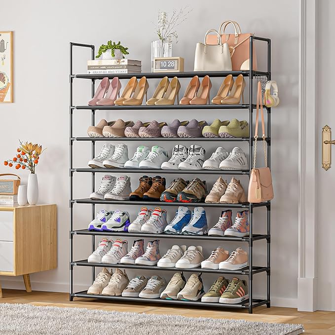 OYREL 8 Tier Shoe Organizer, 33.3in Wide x 11.2in Deep x 55.7in Tall, Black Metal and Plastic Shoe Rack, Holds up to 32-40 Pairs of Shoes