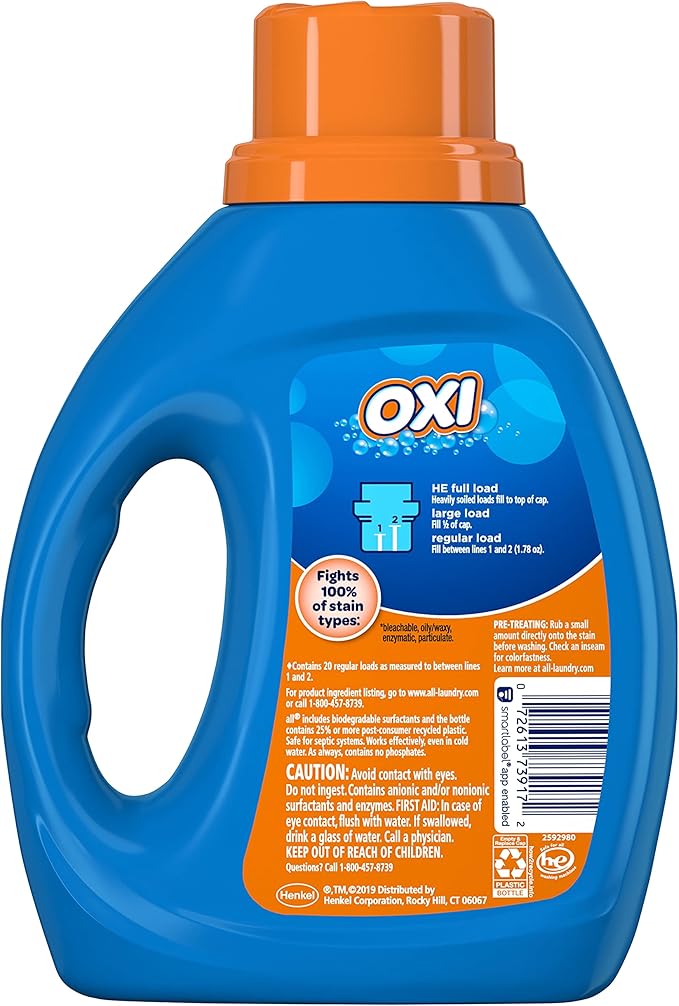 All Stainlifters Laundry Detergent Liquid with OXI Stain Removers and Whiteners, Fresh, 20 Loads, 36 Fl Oz