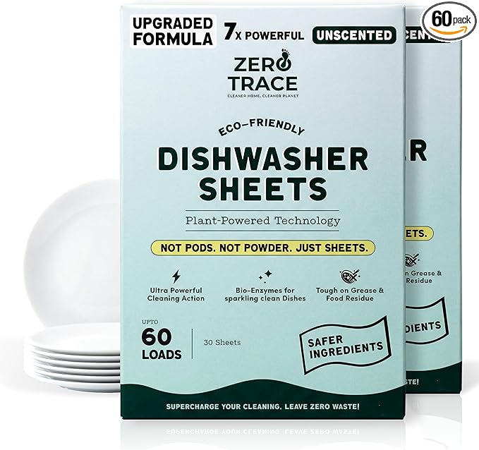 Zero Trace Dishwasher Detergent Eco-Friendly Sheets for Dish Washing - Plant Powered Technology- Unscented- 60 Loads