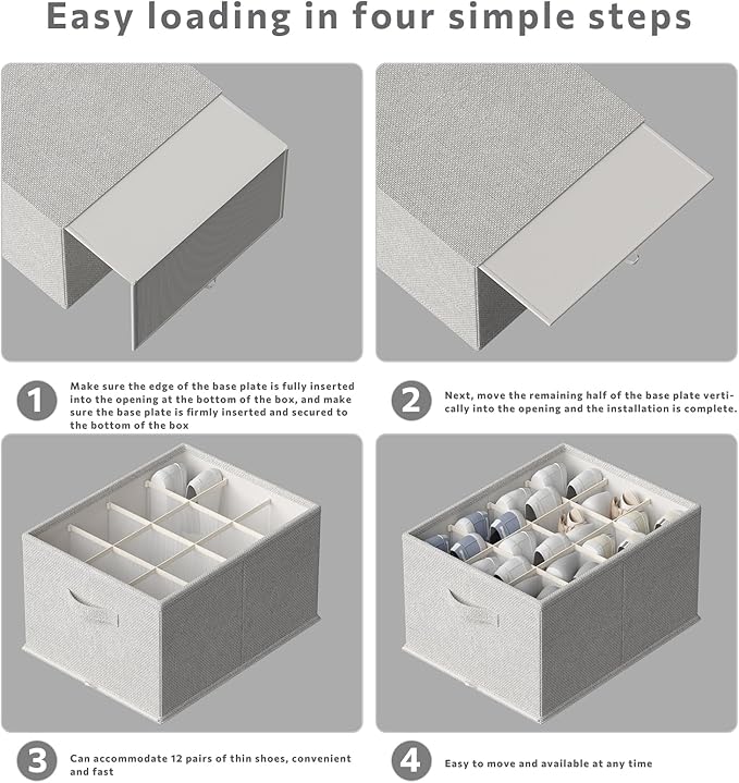 FHSQX 4 Pack Shoe Organizer for Closet,Foldable Shoe Organizer,Fits up to 48 Pairs,Storage Containers With Bottom Support for Shoes (Light Grey, (16.5 * 12.6 * 9.5) x4)