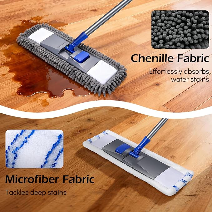 MASTERTOP Microfiber Mop for Floor Cleaning, Flat Dust Mop for Home and Kitchen, Adjustable Stainless Steel Handle with 4 Washable Pads&1 Cleaning Scrape for Hardwood, Vinyl