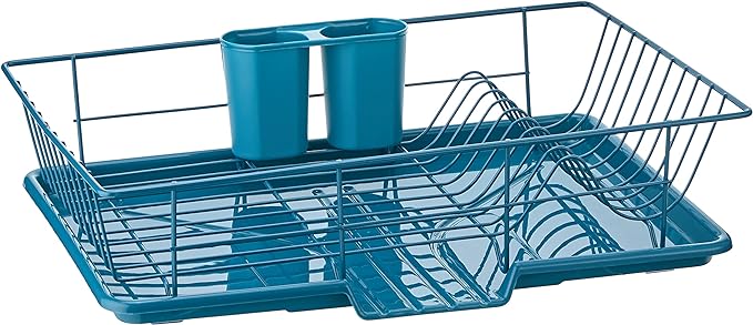 Sweet Home Collection 3 Piece Dish Drainer Rack Set with Drying Board and Utensil Holder, 12" x 19" x 5", Teal(Pack of 1)
