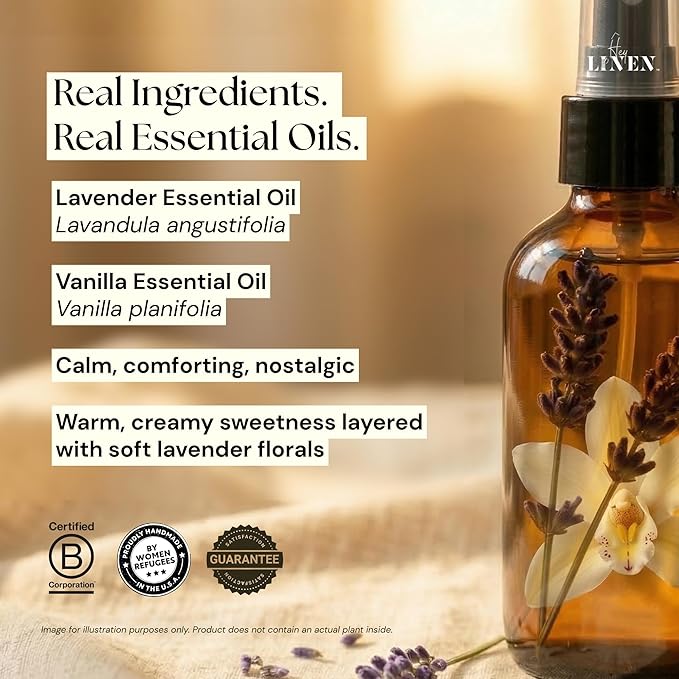 Lavender & Vanilla Linen Spray | Relaxing Aromatherapy Made with Pure Essential Oils | Fabric Freshener for Yoga Mats Living Room Couch Beddings | 4 fl oz