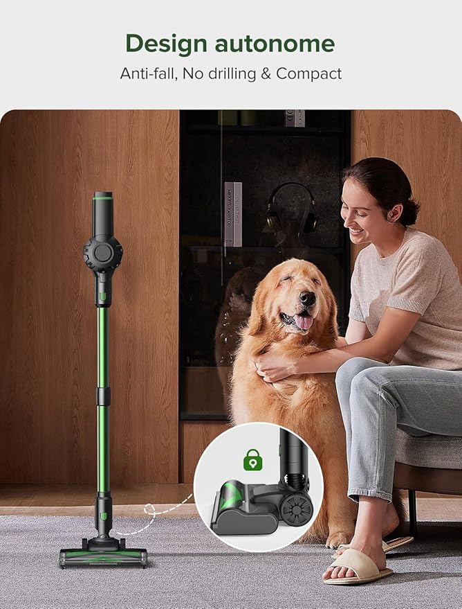 Vexilar Cordless Vacuum Cleaner, 550W/45Kpa/60Mins, Cordless Stick Vacuum Cleaner with Self-Standing and Touch Screen, 6-in-1 Lightweight, Rechargeable Vacuum for Pet Hair Carpet Hardwood (Green)