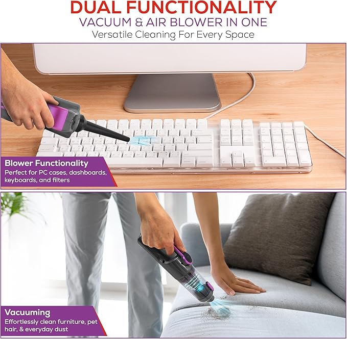 HyperVac 2-in-1 Handheld Portable Car Vacuum Cleaner & Blower, 18500Pa Suction, Corded/Cordless Air Duster with LED Light, Flexible Hoses, USB-C Fast Charge – Ideal for Home, Office & Pets