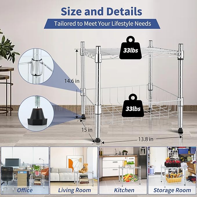 HealSmart 2-Tier Shelving Unit, 15" W x 13.8" D x 15" H Wire Metal Stackable Storage with Basket, Chrome