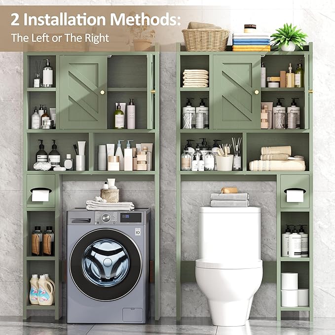 Meilocar Over the Toilet Storage Cabinet, 64.6" Tall Bathroom Storage Cabinets with Toilet Paper Holder & Adjustable Shelf, Freestanding Wood Cabinet for Bathroom, Green