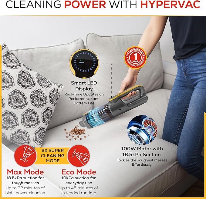 HyperVac 2-in-1 Handheld Portable Car Vacuum Cleaner & Blower, 18500Pa Suction, Corded/Cordless Air Duster with LED Light, Flexible Hoses, USB-C Fast Charge – Ideal for Home, Office & Pets
