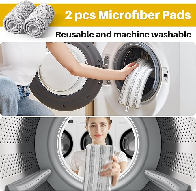JOYMOOP 17.7-Inch Microfiber Flat Mop Replacement Pads – Washable Reusable Grey & Stripe, Pack of 2 Wet & Dry Refill for JOYMOOP Flat Mop & Mop Bucket Set