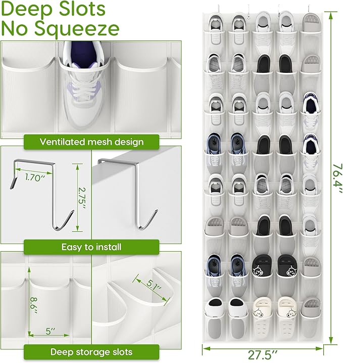 Unjumbly Over the Door Shoe Organizer with 40 Large Breathable Mesh Pockets, Space Saving Shoe Holder, Hanging Shoe Rack for Entryway Bedroom Closet Storage (White, 40 Pockets)