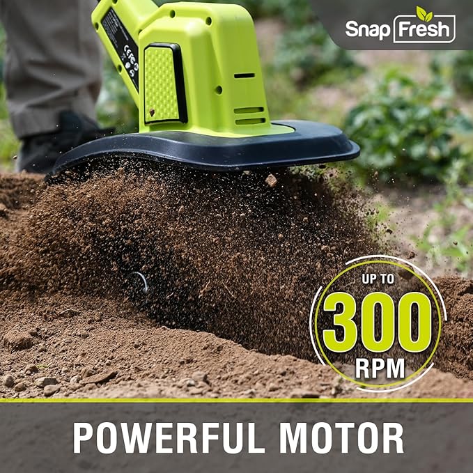 SnapFresh Cordless Tiller Cultivator, 20V Electric Garden Tiller with 4.0Ah Battery and Fast Charger, 300 RPM Battery Powered Rototiller, 9" Width 6.6" Depth, 3 Speed Handheld Tiller with Steel Tines
