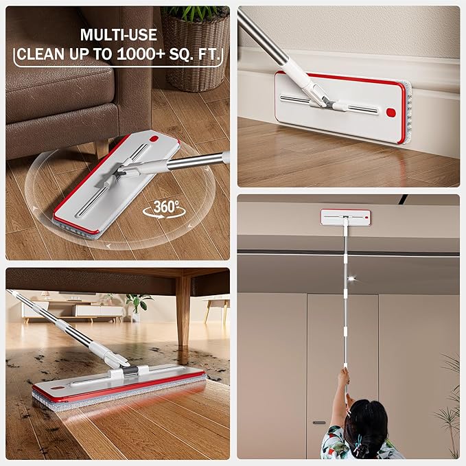 Mop and Bucket Set, 3-Tank Flat Mop and Bucket System for Separate Dirty & Clean Water, 65" Mops for Floor Cleaning with 6 Washable Pads, Safe for Hardwood, Vinyl, Tile, Baseboards, Walls