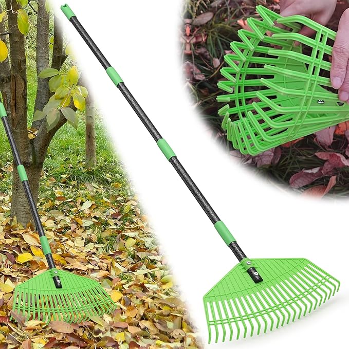 Garden Leaf Rake,16.5” Wide Plastic Leaf Rake for Lawn with 60” Long Handle, Plastic Yard Raking Tools for Lawn Turf Leaves Grass Thatch Debris Pine Needle Cleanup, Lightweight for Kid