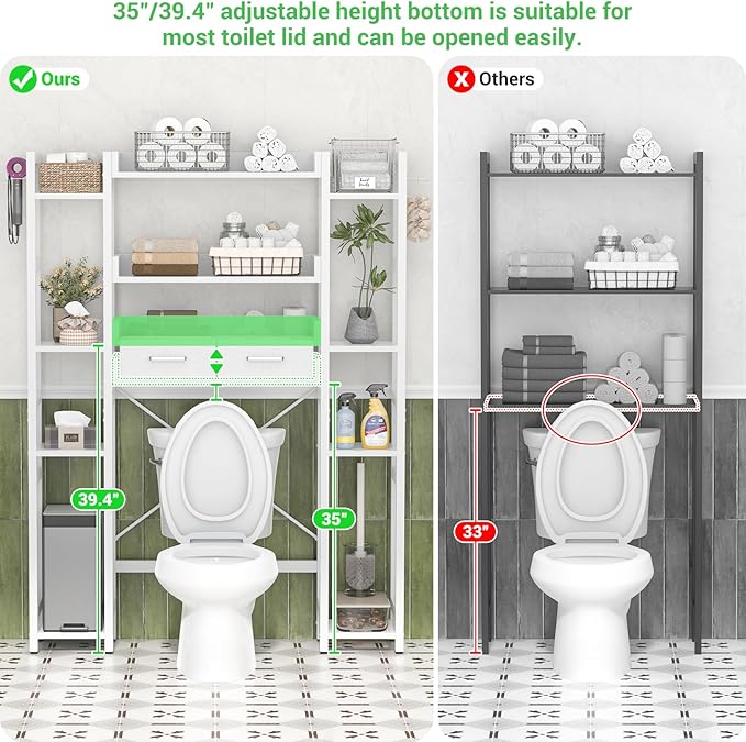 Besiost Over The Toilet Storage with 2 Drawers - 11 Tier Bathroom Organizer Freestanding Space Saver Storage Rack with Adjustable Shelf Above Toilet Stand with 4 Hooks for Restroom, Laundry, White