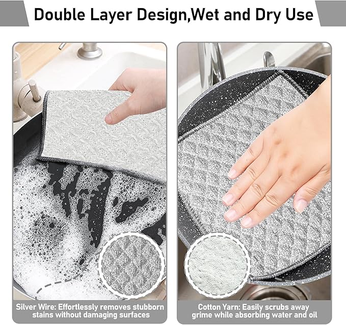 XANGNIER 10 PCS Multipurpose Wire Dishwashing Rags,2025 New Upgrade Non Scratch Wire Dishcloth, Four-Layer Silver Mesh Dish Cloths,Steel Wool Cleaning Cloths,Multi Purpose Metal Wash Miracle Cloths
