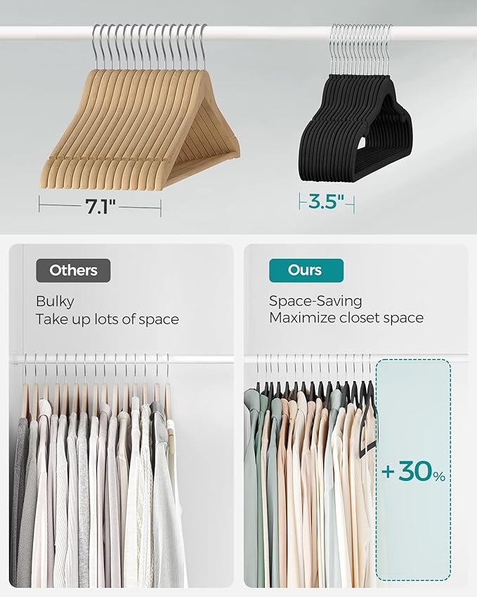 SONGMICS Velvet Hangers 100 Pack, Non-Slip Clothes Hangers with Shoulder Notches, Pants Bar, 360° Swivel Hook, Space-Saving, for Closet, Ink Black UCRF029B010