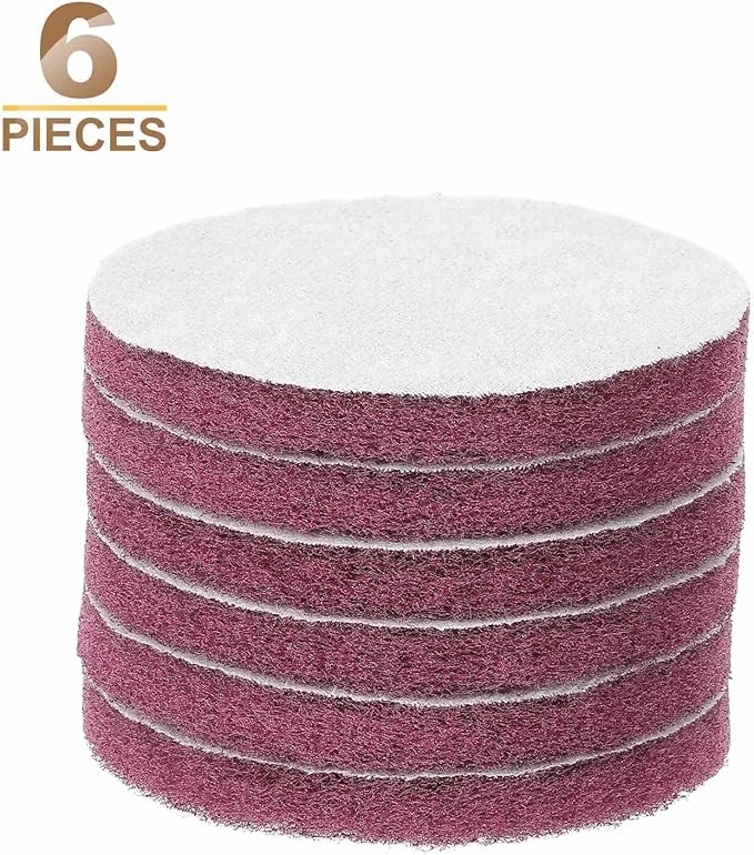HARFINGTON 6pcs Scrubber Scouring Pads 500 Grits 4 Inch Drill Power Brush Hoop and Loop Surface Conditioning Disc Drill Scuffing Disc Scrub Pads for Home Kitchen Cleaning, Red