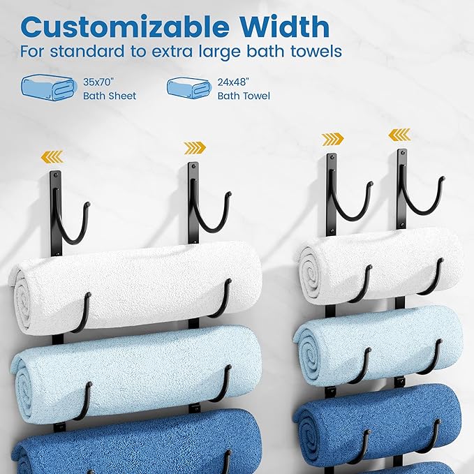 Bathroom Rolled Towel Rack: 6-Tier Wall Mounted Towel Storage Holder, Hanging Organizer for Towels, Blankets, Large Bath Sheets, Space Saving in RV, Closet, Toilet, Cabinet, Black