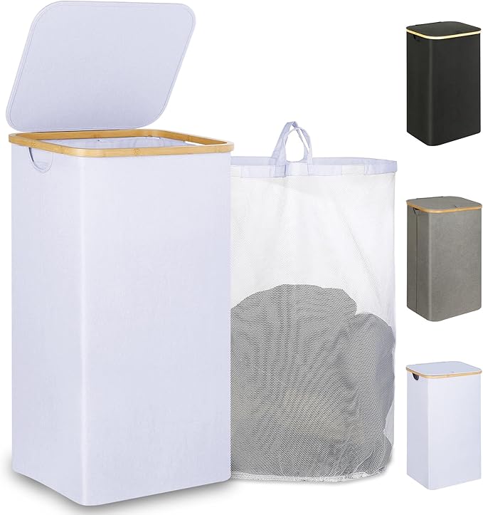 iEGrow 110L Laundry Hamper with Lid，Dirty Clothes Hampers for Laundry,Laundry Basket with Bamboo Handles and Removable Bag,Hamper for Bedroom, Bathroom, Dorm, Laundry Room, White
