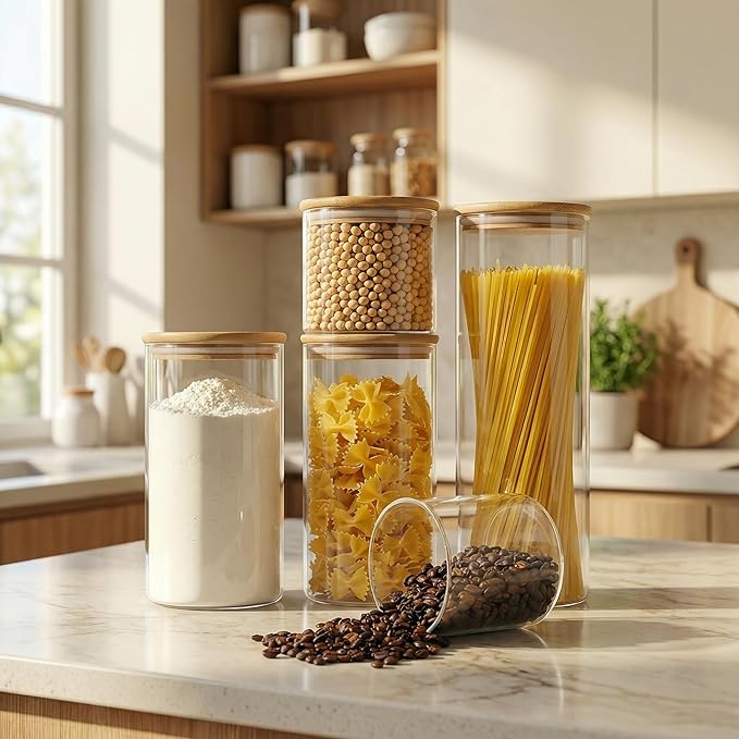 45oz - 3 Pack Glass Jars with Bamboo Lids, Glass Pantry Storage Containers with Airtight Lids, Round Air Tigh Food Storage Canisters for Cereal, Pasta, Flour, Sugar, Rice, Best for Kitchen Organizer