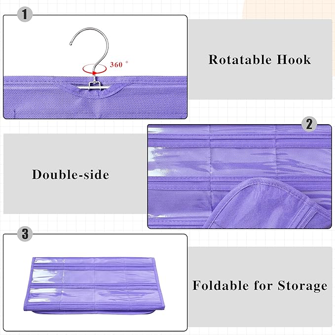 1 Pack Hanging Jewelry Organizer 80-Pocket Dual-sided Jewelry Storage for Earring Necklace Bracelet Ring Travel Holder, Purple