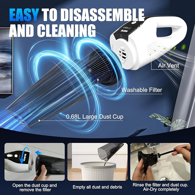 Handheld Vacuum Cordless, Ultra-Strong Suction Car Vacuum Portable Cordless, Rechargeable Hand Held Car Vacuum Cleaner High Power with Multi-Nozzles & Washable Filter for Car, Home, Pets, White