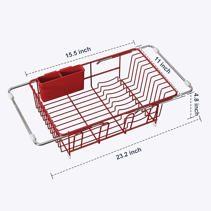 JASIWAY Red in Sink Dish Drying Rack, Expandable Stainless Steel Small Dish Rack Over Kitchen Sink, Plate Drainer Strainer with Cutlery Holder & Cup Holders, Counter Space Saving Wire Dryer Rack