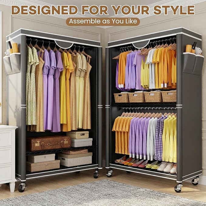 Clothes Rack With Cover, Heavy Duty Clothing Rack for Hanging Clothes, Rolling Garment Rack with Lockable Wheels, Metal Clothing Rack, Portable Closet 35.4"W x 17.1"D x 71.8"H, Hold 425 lbs, Black