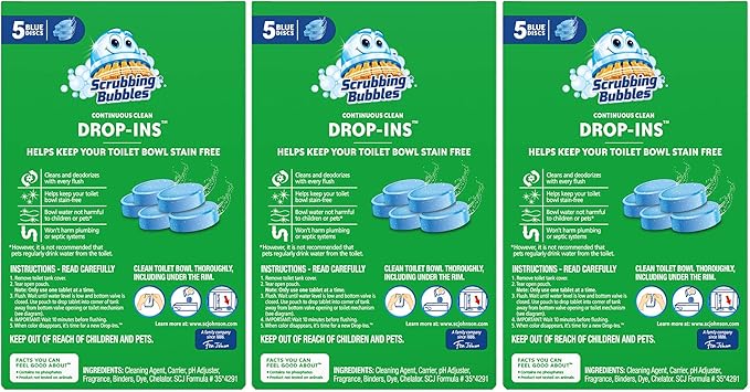 Scrubbing Bubbles Continuous Clean Toilet Drop-Ins, Automatic Blue Toilet Bowl Cleaner, Septic-Safe Tank Tablets Remove Hard Water Minerals & Limescale, Stain & Smell Protection, 5 Count (Pack of 6)