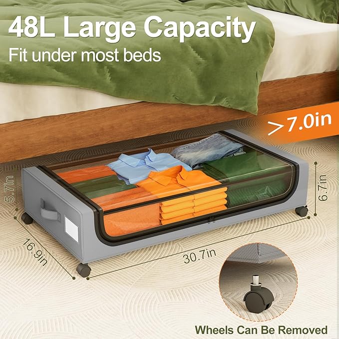 GoMaihe Under Bed Storage with Wheels: 48L Underbed Storage Containers with Lids - Rolling Bins for Shoes Clothes in Dorm Bedroom - Metal Drawers Easy Pull-out Grey 2-Pack