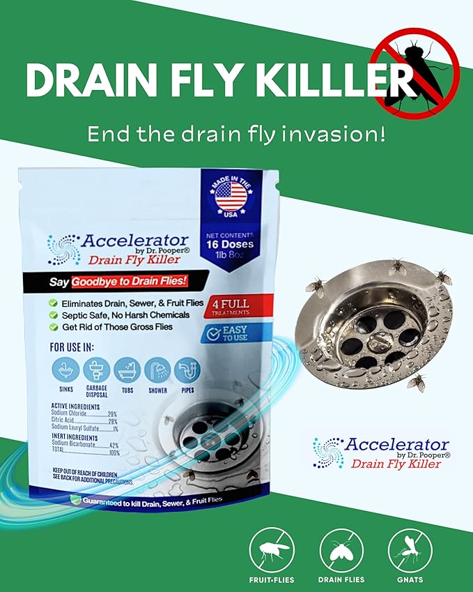 Drain Fly Killer Powder – Eliminates Drain Flies & Sewer Flies in Drains, Sinks, Showers – Fast-Acting Treatment - Septic Safe & Made in USA
