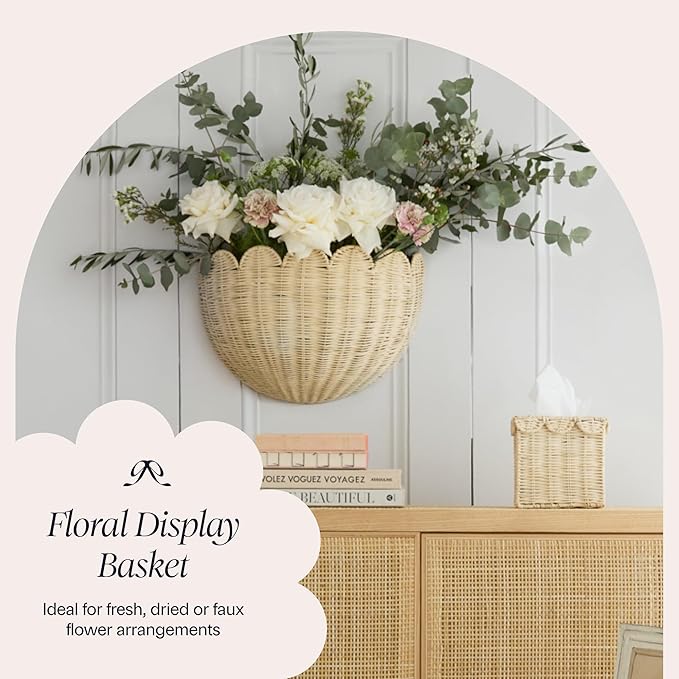 BEBE BASK The Original Scalloped Wicker Wall Basket – Set of 2 – Handwoven Scalloped Wall Baskets (16 x 10 x 7 in), Woven Rattan Wall Hanging Baskets - Natural Scalloped Basket