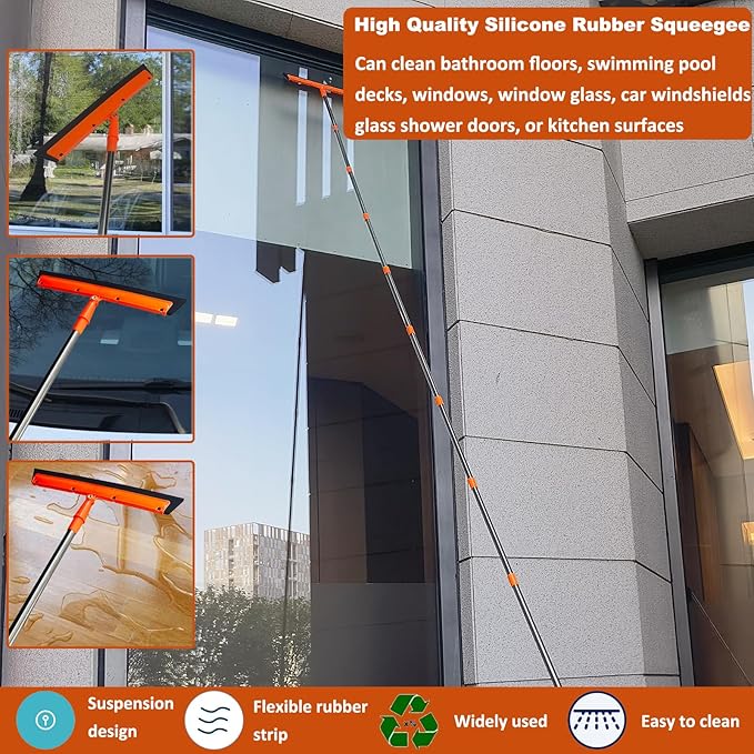 20+ Feet High Reach Duster Kit with 3-14 ft Extension Pole // High Ceiling Dusting and Window Cleaning Kit with Spliceable Pole - Window Washer & Squeegee, Cobweb Duster, Fan Blade and Feather Dusters